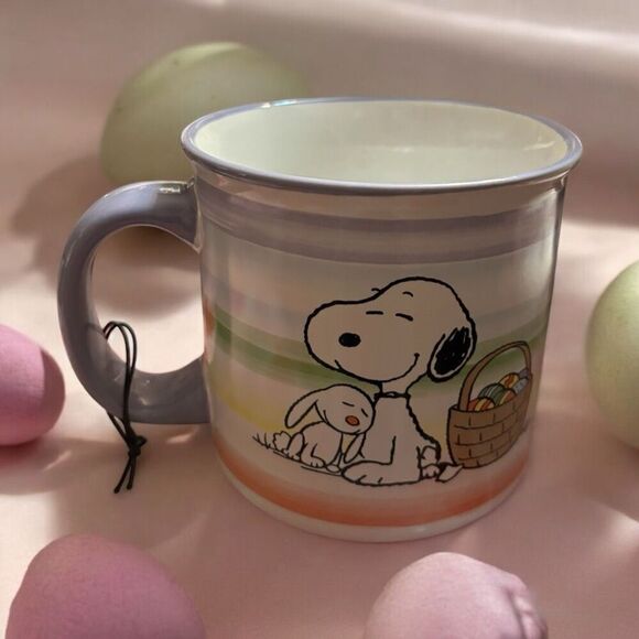 Peanuts Colorful Stripes 20oz Coffee Mug Snoopy & Easter Bunny Basket Eggs New C - Picture 3 of 5